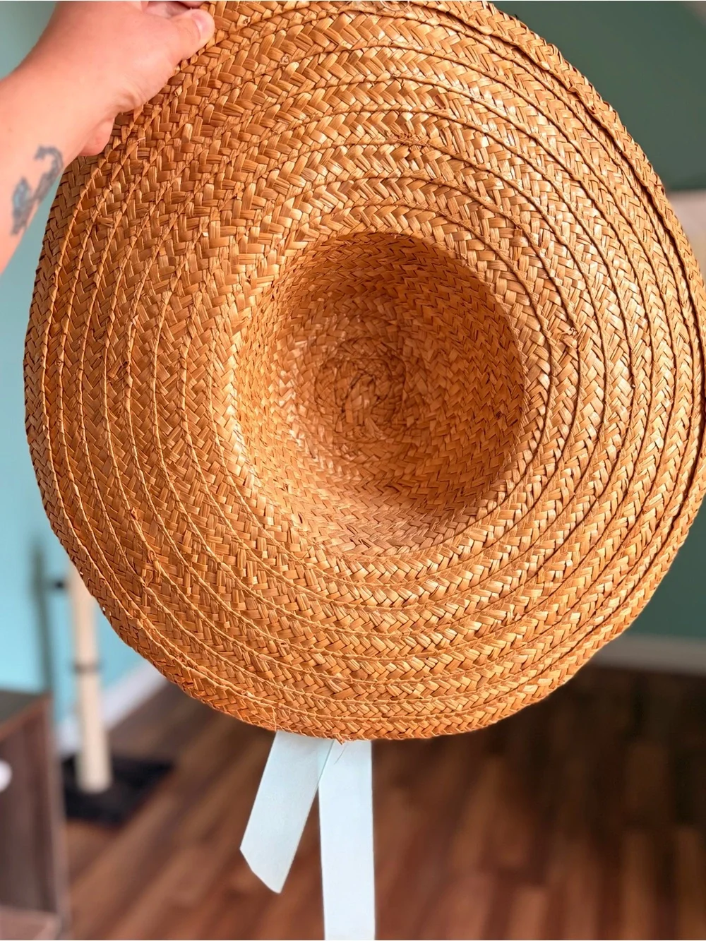 Handmade Farmhouse Rustic Straw Sun Hat with Pink Flowers & Mint Bow